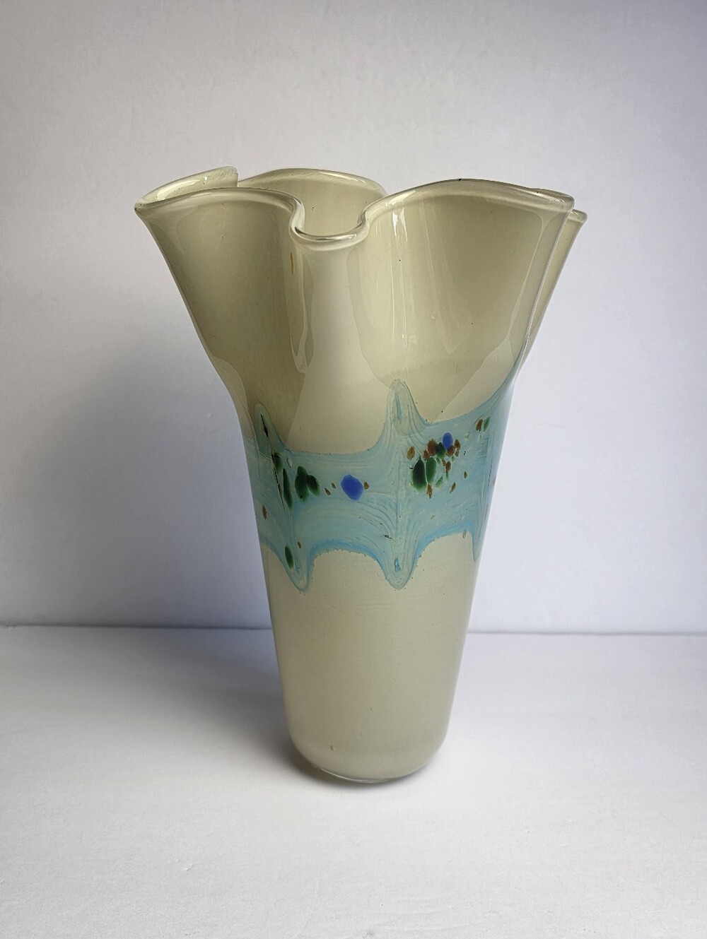 Jozefina Krosno 1970's Handkerchief Art Glass Vase Creamy Yellow Blue 12" Tall
